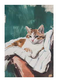 A poster with a relaxed cat resting on a striped blanket-1