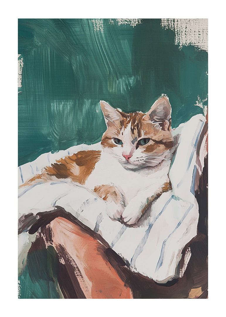 A poster with a relaxed cat resting on a striped blanket-12