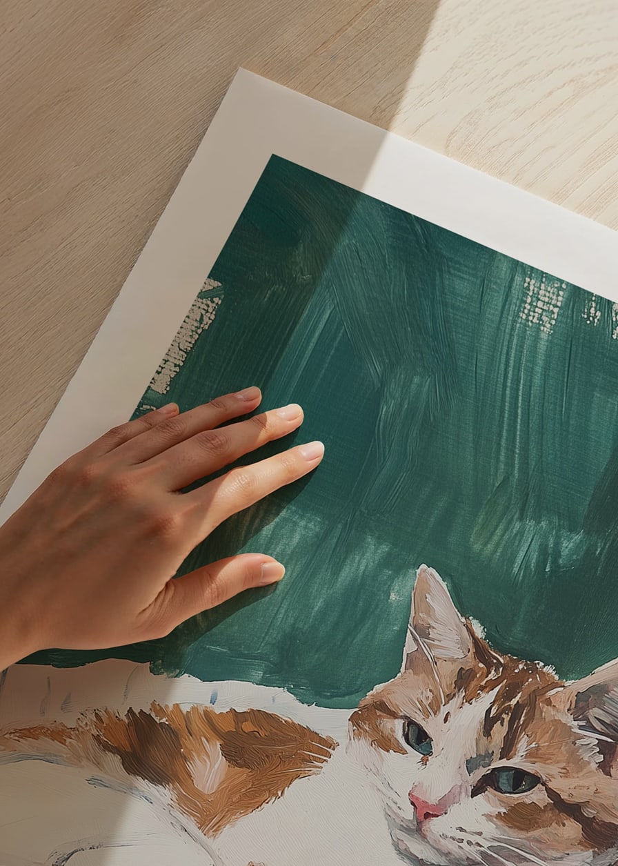 A poster with a relaxed cat resting on a striped blanket-12