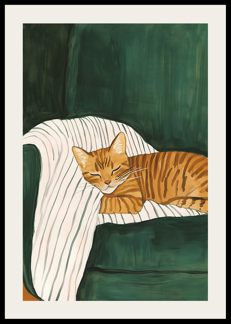 Un poster di un gatto soriano arancione addormentato su una coperta a righe in una poltrona verde-12
