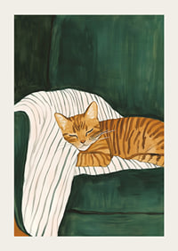A poster of a sleeping orange tabby cat on a striped blanket in a green armchair-3
