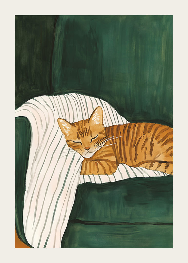 Un poster di un gatto soriano arancione addormentato su una coperta a righe in una poltrona verde-12