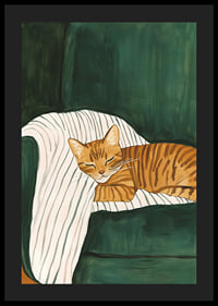 A poster of a sleeping orange tabby cat on a striped blanket in a green armchair-4