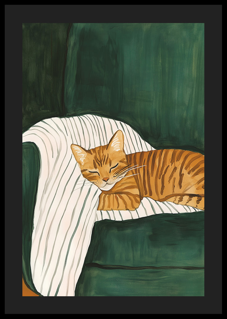 A poster of a sleeping orange tabby cat on a striped blanket in a green armchair-12