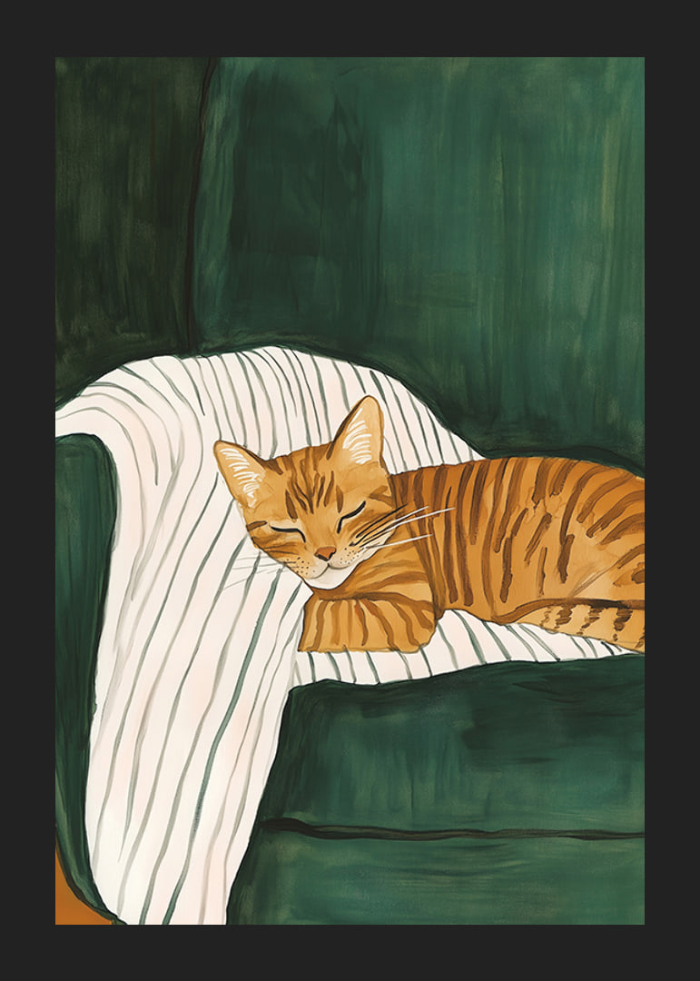 A poster of a sleeping orange tabby cat on a striped blanket in a green armchair-12