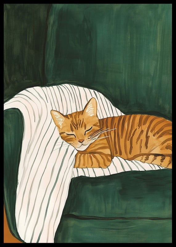 A poster of a sleeping orange tabby cat on a striped blanket in a green armchair-12