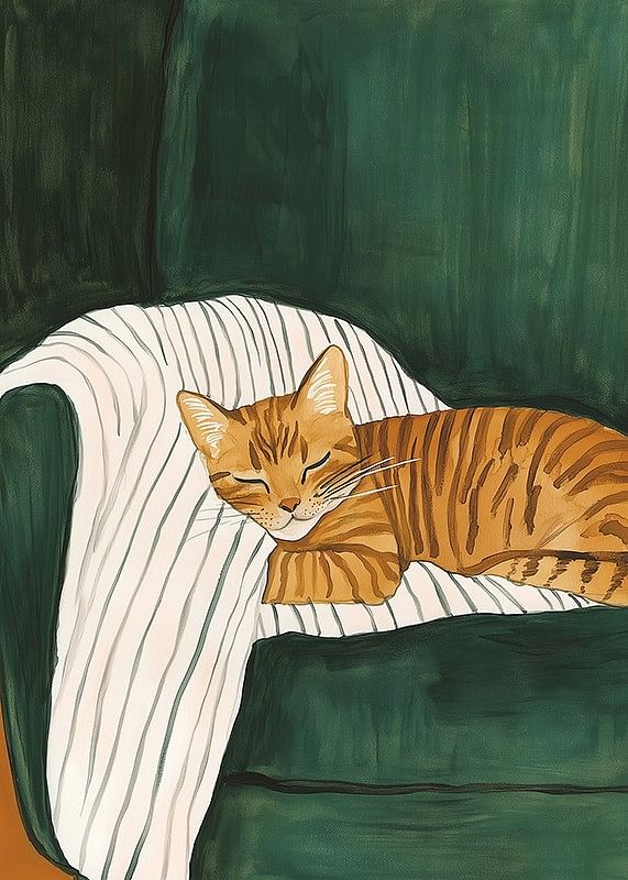 A poster of a sleeping orange tabby cat on a striped blanket in a green armchair-12