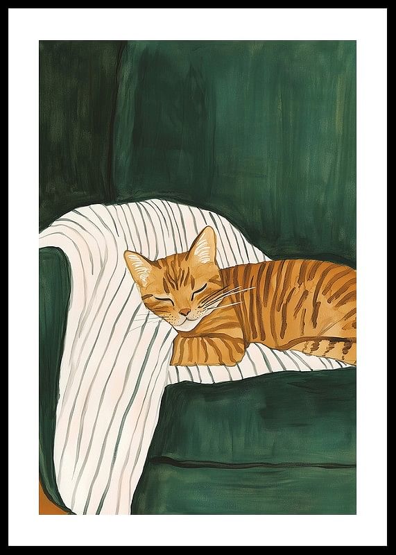 A poster of a sleeping orange tabby cat on a striped blanket in a green armchair-12