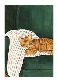 A poster of a sleeping orange tabby cat on a striped blanket in a green armchair-1