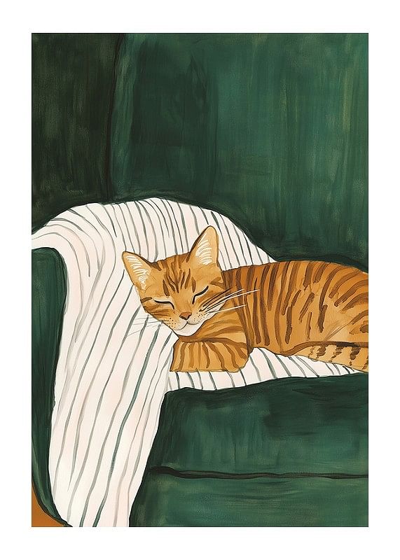 A poster of a sleeping orange tabby cat on a striped blanket in a green armchair-12