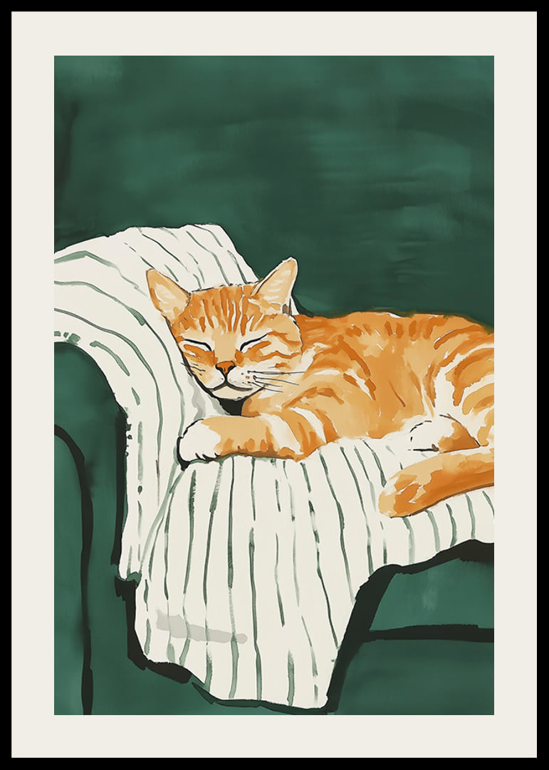 A poster with a sleeping orange cat on a striped blanket in a green armchair-12