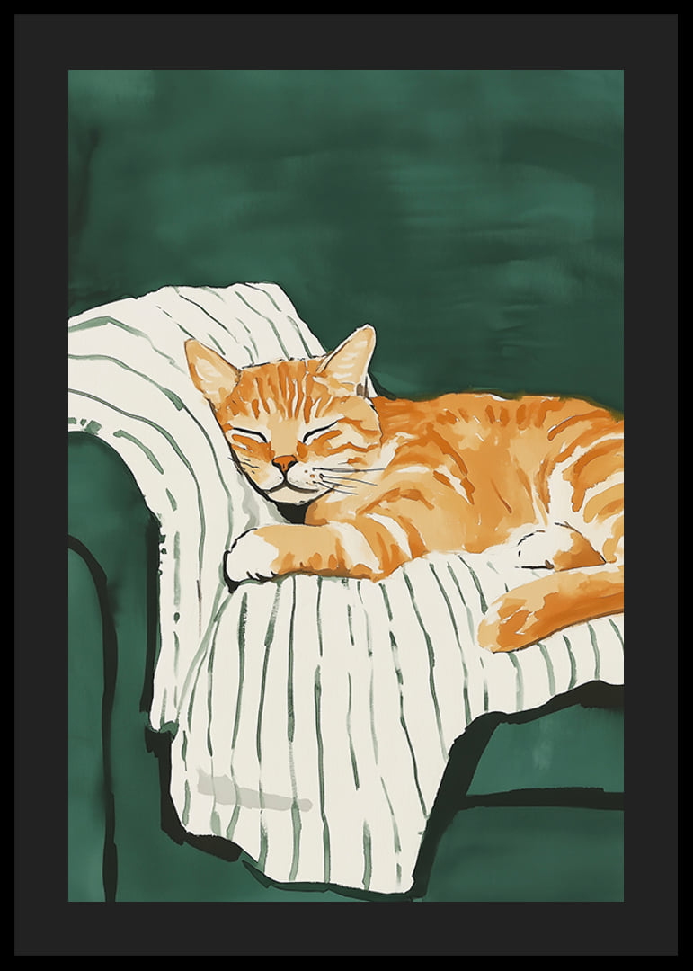 A poster with a sleeping orange cat on a striped blanket in a green armchair-12