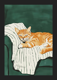 A poster with a sleeping orange cat on a striped blanket in a green armchair-5
