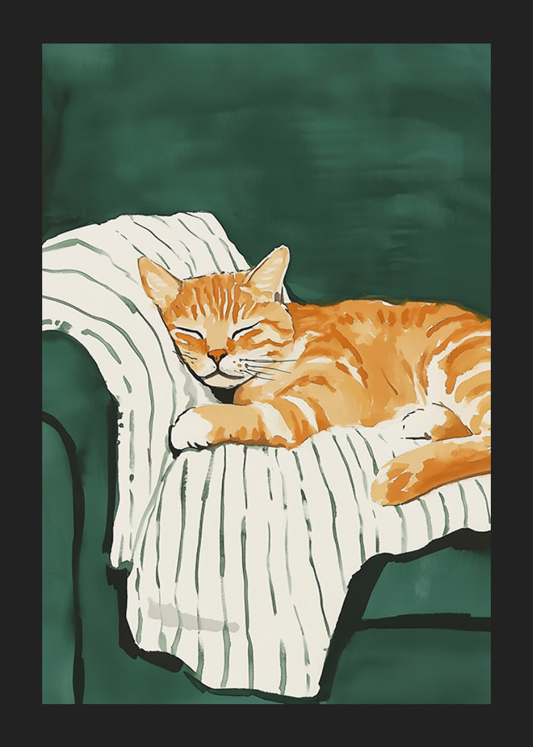 A poster with a sleeping orange cat on a striped blanket in a green armchair-12