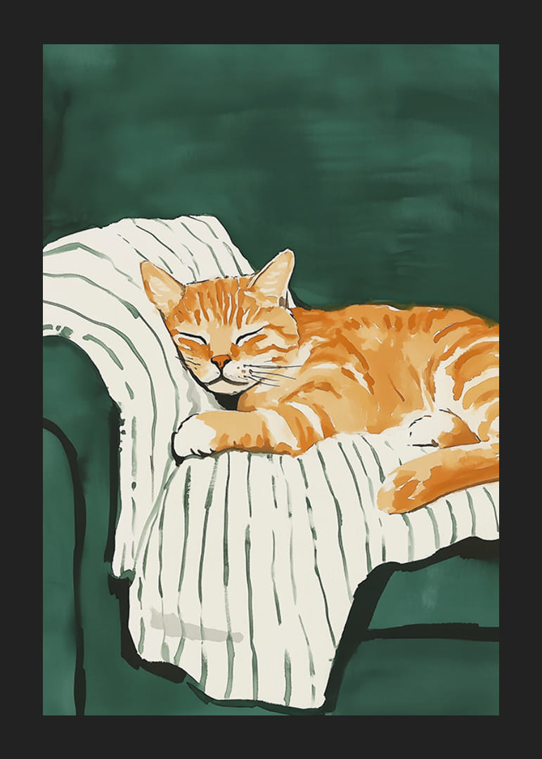 Un poster cu o pisică portocalie adormită pe o pătură cu dungi într-un fotoliu verde-12