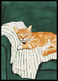 A poster with a sleeping orange cat on a striped blanket in a green armchair-6