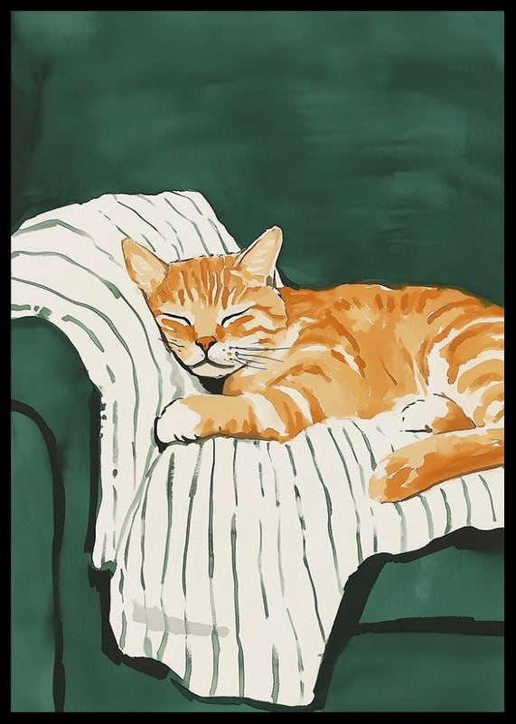 A poster with a sleeping orange cat on a striped blanket in a green armchair-12