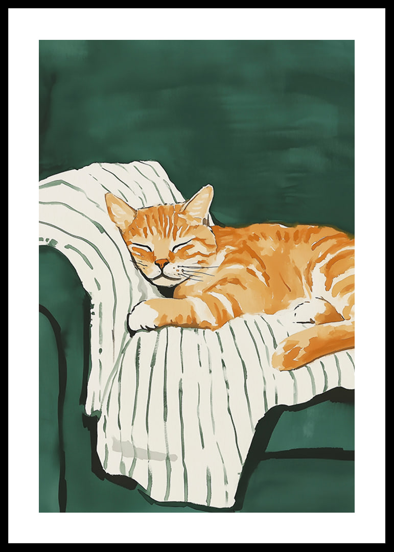 A poster with a sleeping orange cat on a striped blanket in a green armchair-12