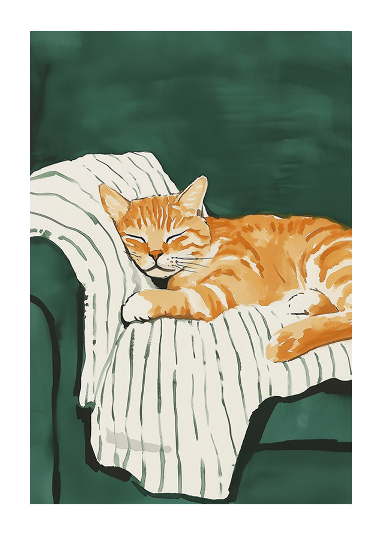 A poster with a sleeping orange cat on a striped blanket in a green armchair-12