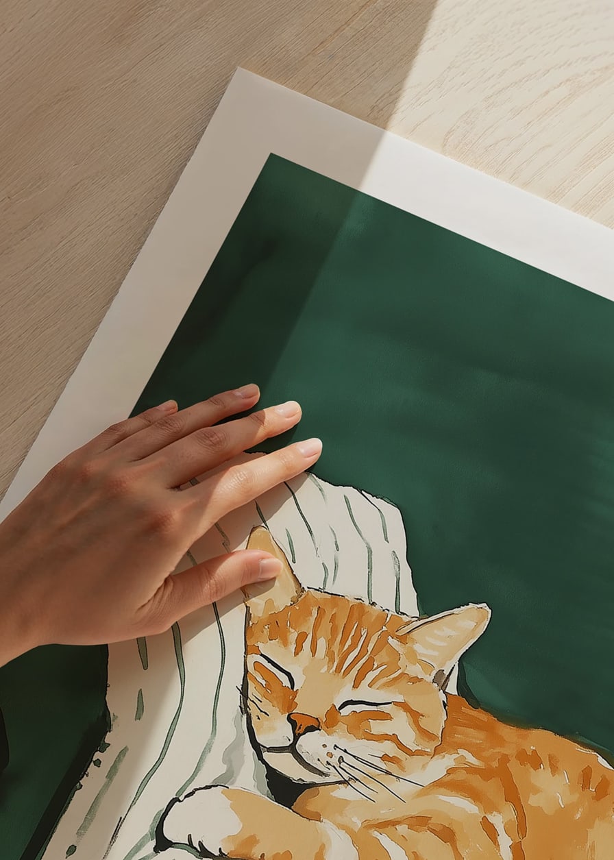 A poster with a sleeping orange cat on a striped blanket in a green armchair-12