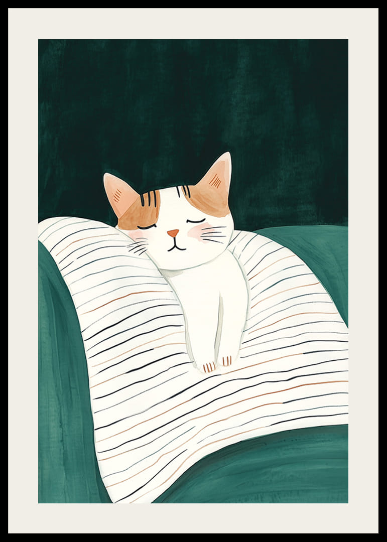Plakát alvó macskával egy csíkos takarón lágy színekben-12