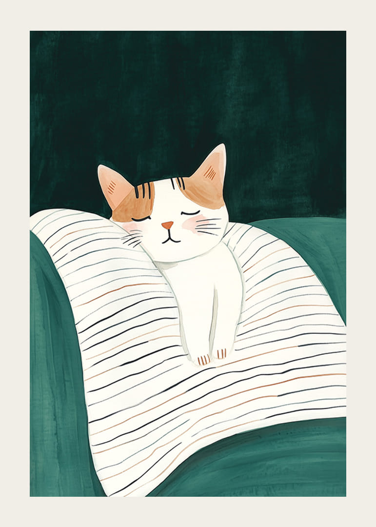 Plakát alvó macskával egy csíkos takarón lágy színekben-12