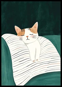 En poster med en sovande katt på en randig filt i mjuka färger-6