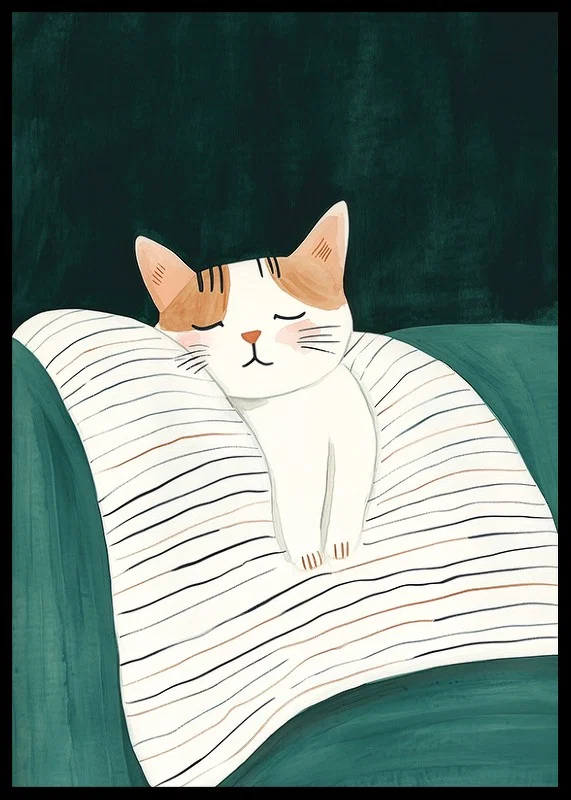 En poster med en sovande katt på en randig filt i mjuka färger-12