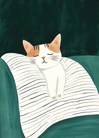 En poster med en sovande katt på en randig filt i mjuka färger-7