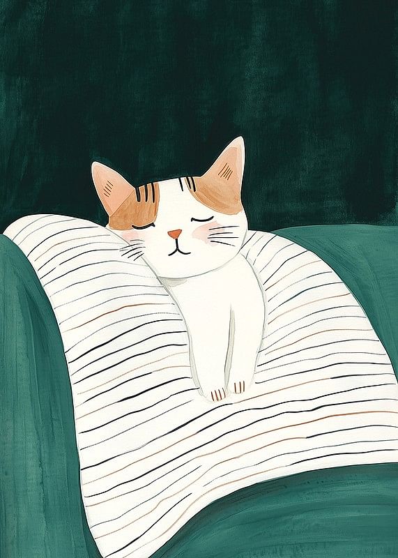Een poster met een slapende kat op een gestreepte deken in zachte kleuren-12