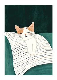 En poster med en sovande katt på en randig filt i mjuka färger-1