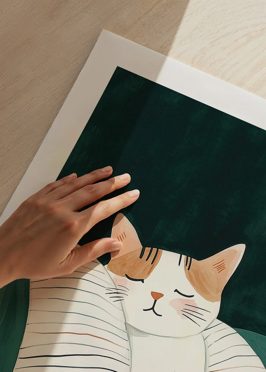 En poster med en sovande katt på en randig filt i mjuka färger-12