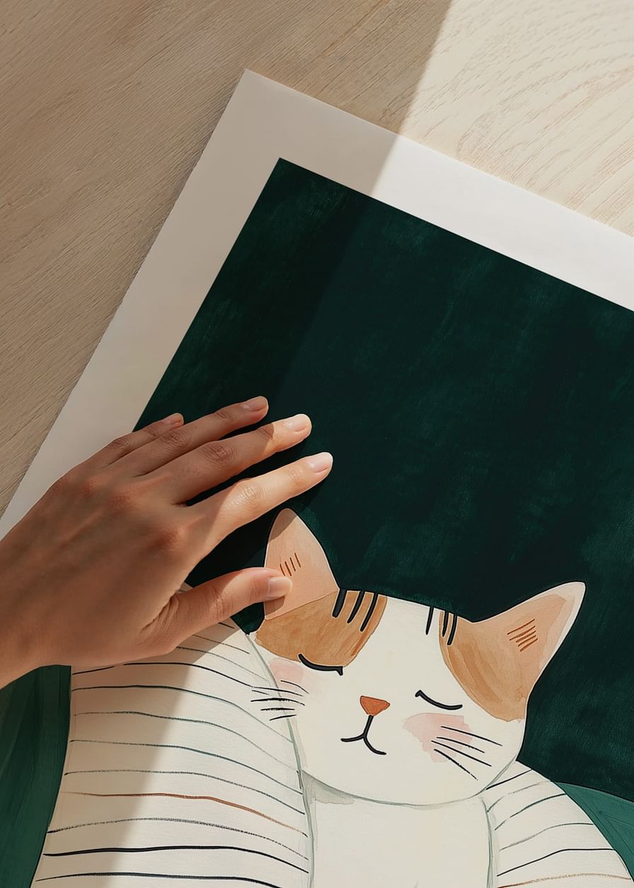 Een poster met een slapende kat op een gestreepte deken in zachte kleuren-12