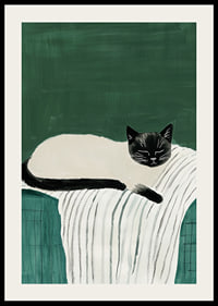 A poster with a black and white cat sleeping on a striped blanket-2