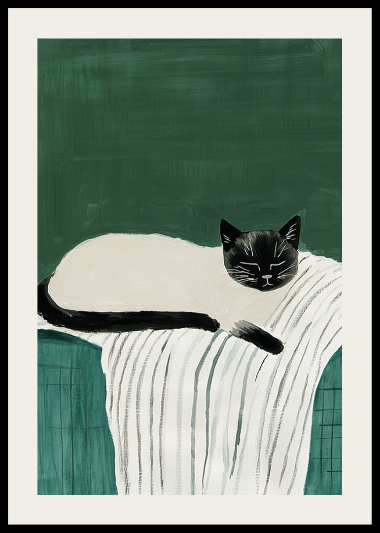 A poster with a black and white cat sleeping on a striped blanket-12