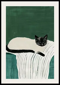 A poster with a black and white cat sleeping on a striped blanket-2