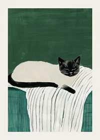 A poster with a black and white cat sleeping on a striped blanket-3