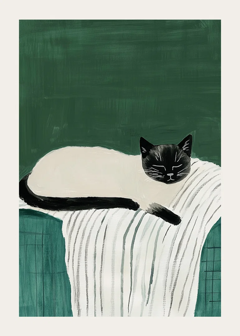A poster with a black and white cat sleeping on a striped blanket-12