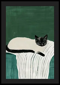 A poster with a black and white cat sleeping on a striped blanket-4