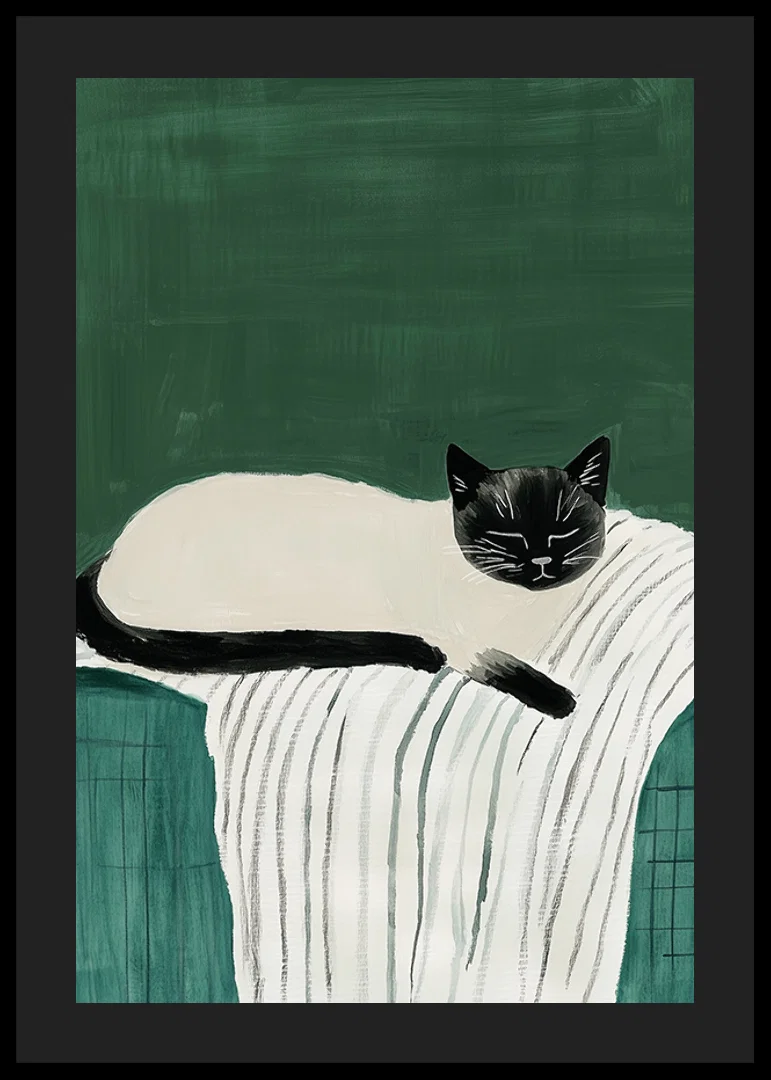 A poster with a black and white cat sleeping on a striped blanket-12