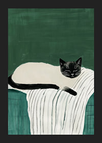 A poster with a black and white cat sleeping on a striped blanket-5