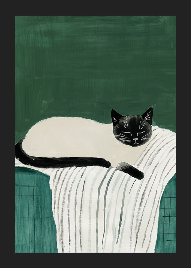 A poster with a black and white cat sleeping on a striped blanket-12