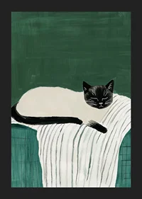 A poster with a black and white cat sleeping on a striped blanket-5