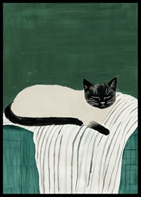 A poster with a black and white cat sleeping on a striped blanket-6