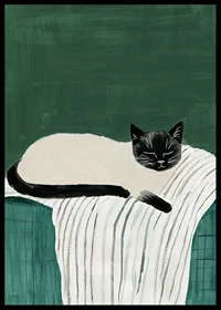 A poster with a black and white cat sleeping on a striped blanket-6