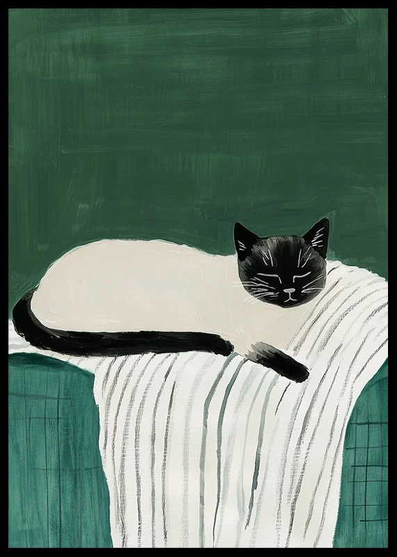 A poster with a black and white cat sleeping on a striped blanket-12