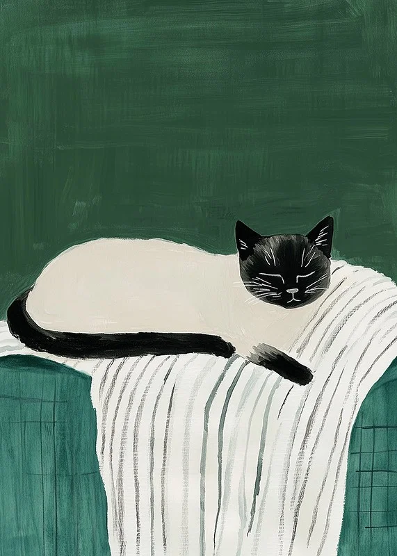 A poster with a black and white cat sleeping on a striped blanket-12