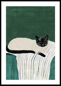 A poster with a black and white cat sleeping on a striped blanket-0