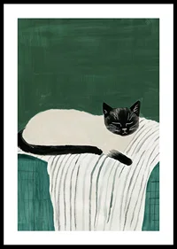 A poster with a black and white cat sleeping on a striped blanket-0
