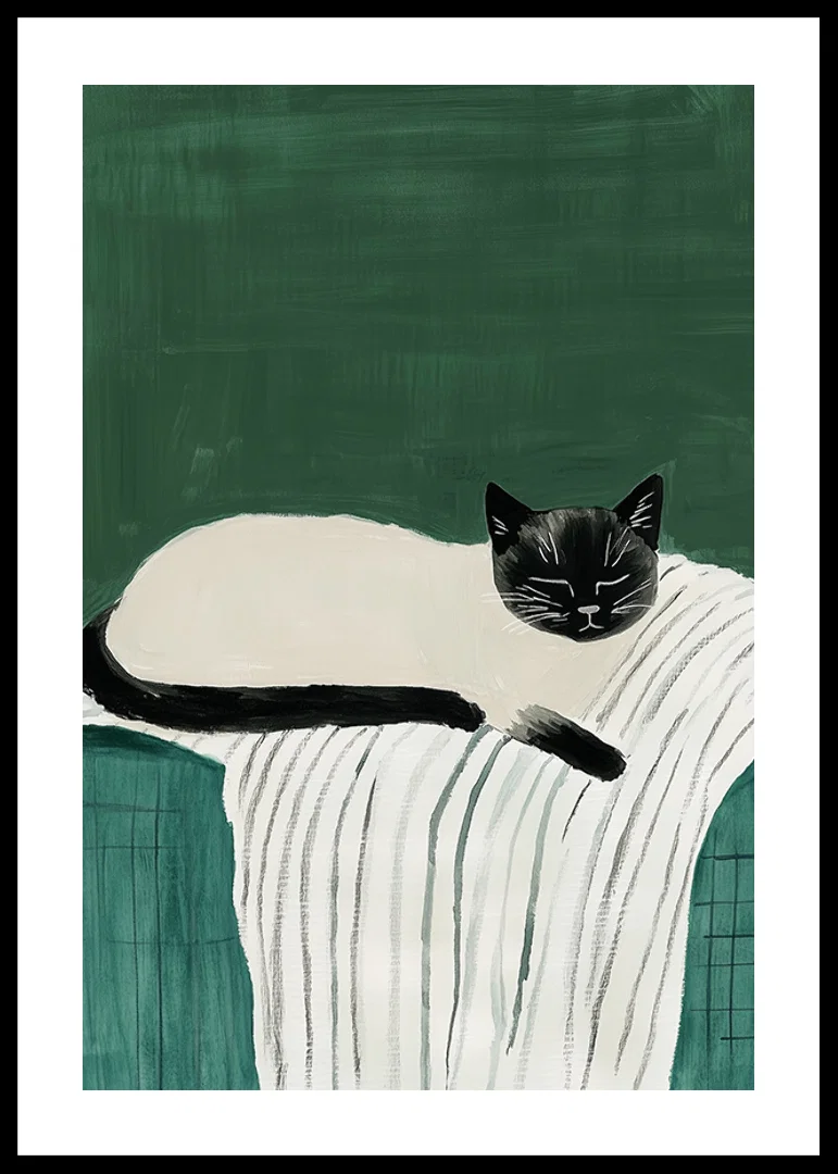 A poster with a black and white cat sleeping on a striped blanket-12